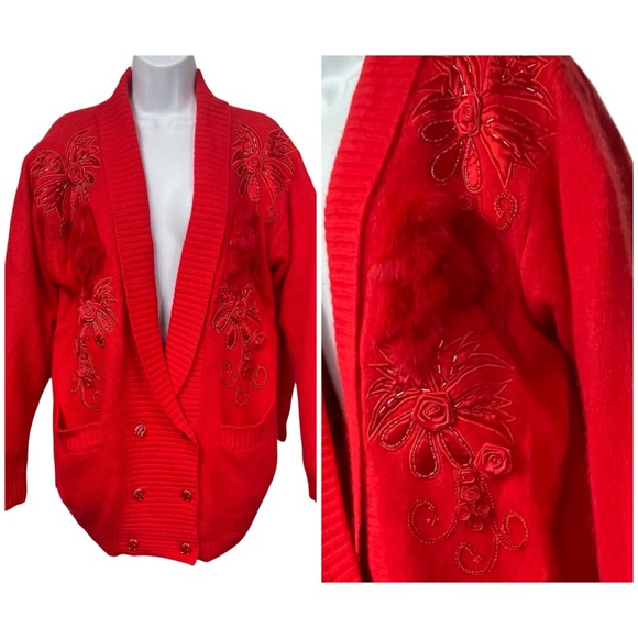 Angora Rabbit Hair LAMBSWOOL Red Fanny Sweater Cardigan 3D Floral Detail, Sz L - Picture 1 of 14